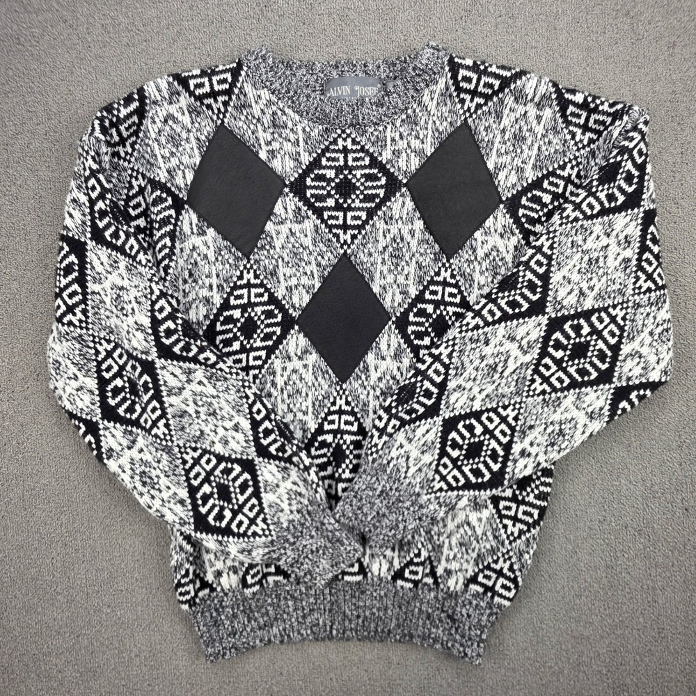 Vintage Alvin Josef Collection Knit Sweater Mens Black White Leather Argyle XL